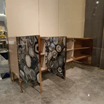 Artistic Agate Stone Pattern Sideboard Cabinet with Natural Wood Veneer and Brass-Tone Base